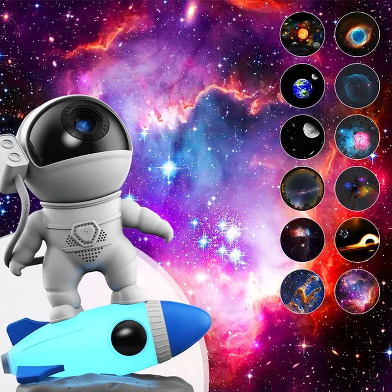 Rocket Astronaut Galaxy Projector Night Light with 13 Film Pieces: 360° Rotating Planetarium for Kids Bedroom