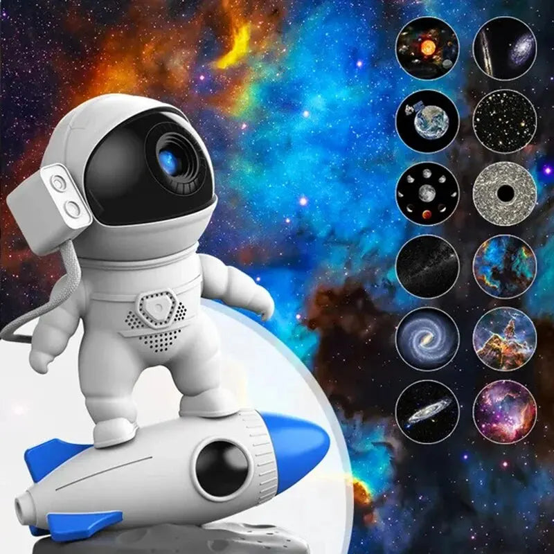 Rocket Astronaut Galaxy Projector Night Light with 13 Film Pieces: 360° Rotating Planetarium for Kids Bedroom