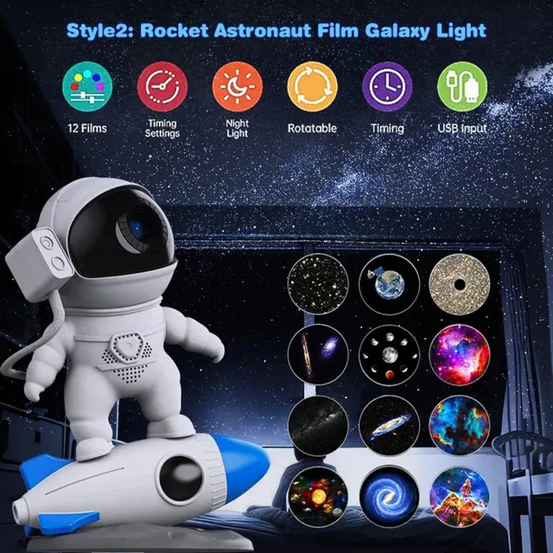 Rocket Astronaut Galaxy Projector Night Light with 13 Film Pieces: 360° Rotating Planetarium for Kids Bedroom